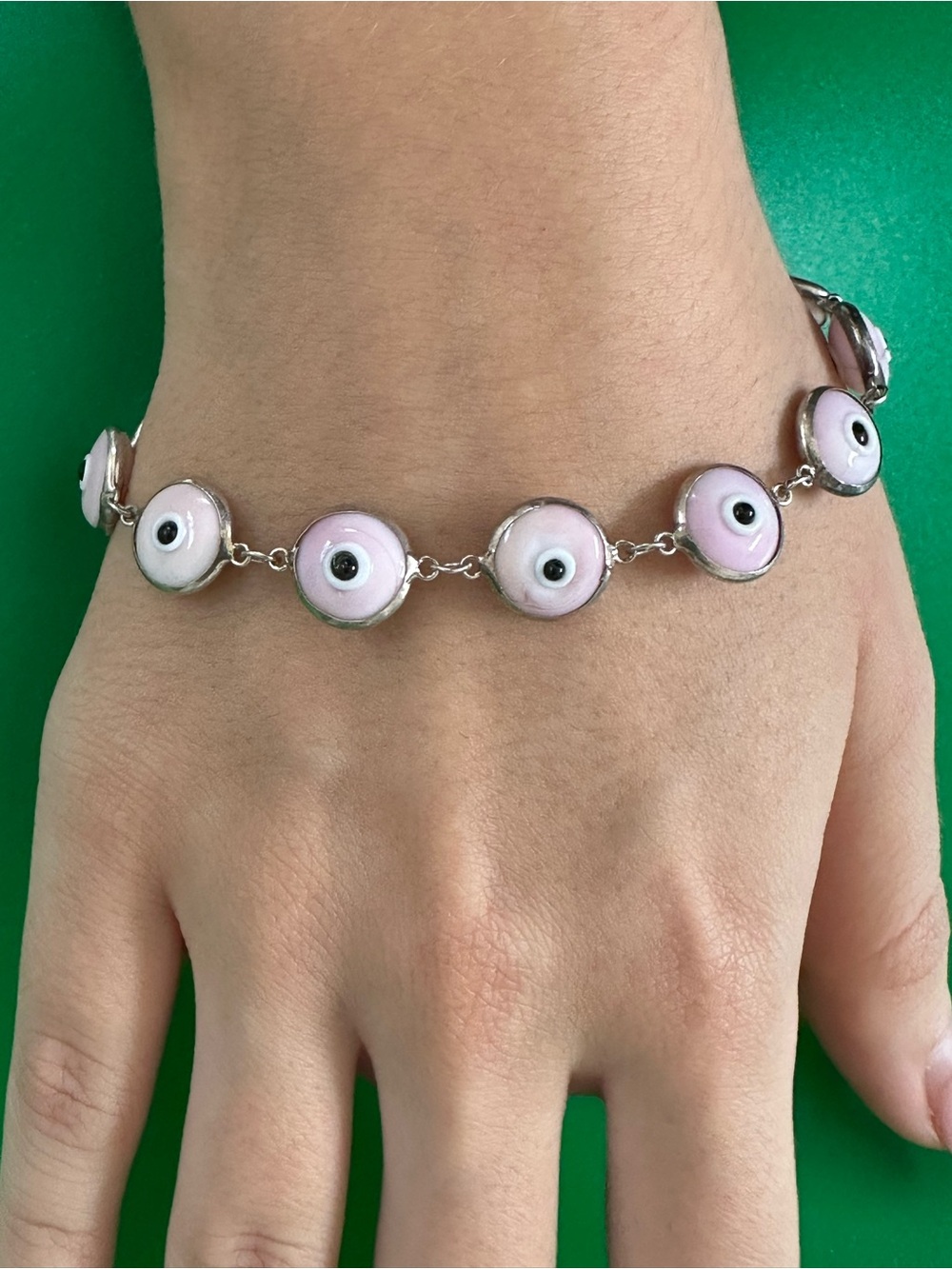 Elegant 925 Sterling silver Pink Muranum glass Eye Link Bracelet